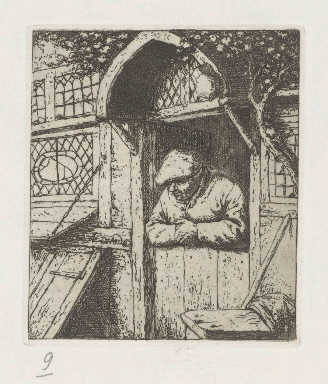 Bauer, der sich auf eine Tür lehnt von Adriaen van Ostade
