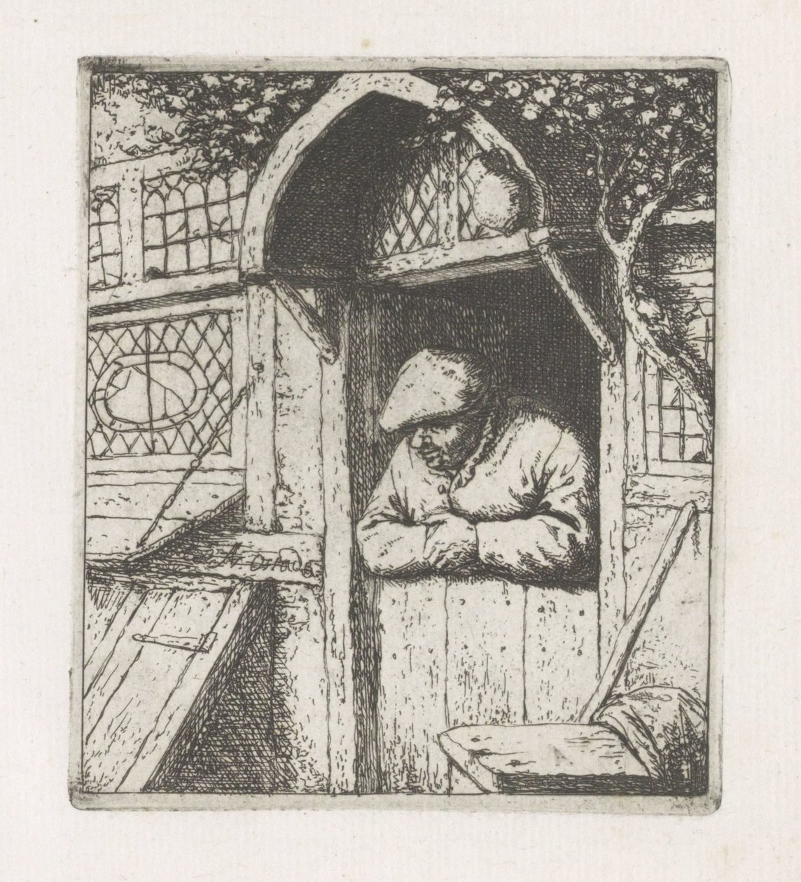 Mann lehnt an einer Tür von Adriaen van Ostade