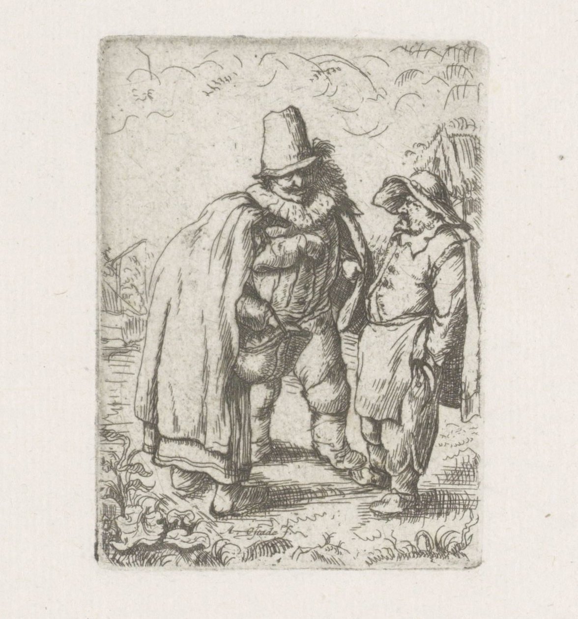Mann mit Halskrause bei einem Bauernpaar von Adriaen van Ostade