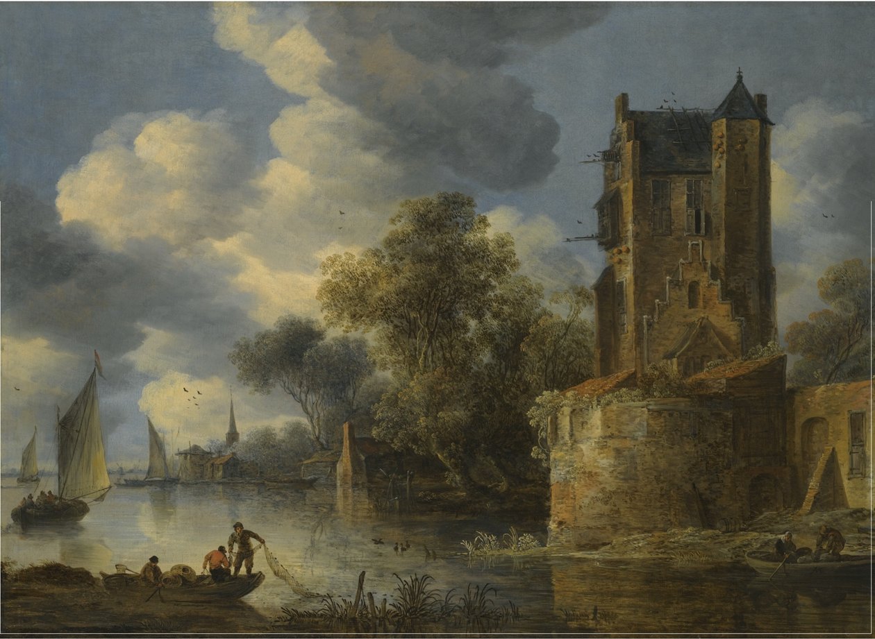 Flusslandschaft mit einem Bollwerk von Adriaen van der Cabel