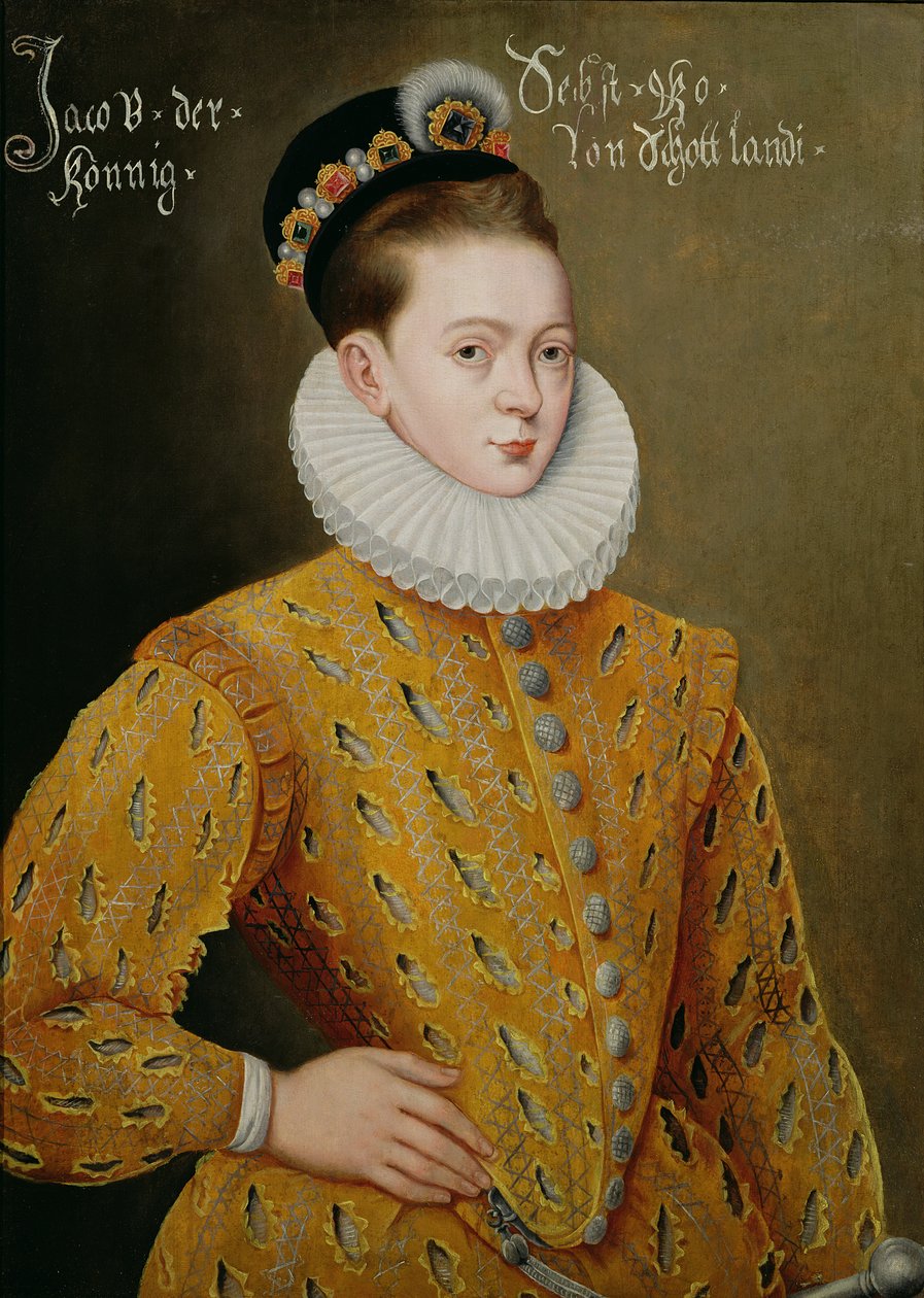 Porträt von James I. von England und James VI. von Schottland (1566-1625), angeblich das Hochzeitsbild, das an den dänischen Hof geschickt wurde, um Anne zu verführen, seine zukünftige Frau von Adrian Vanson