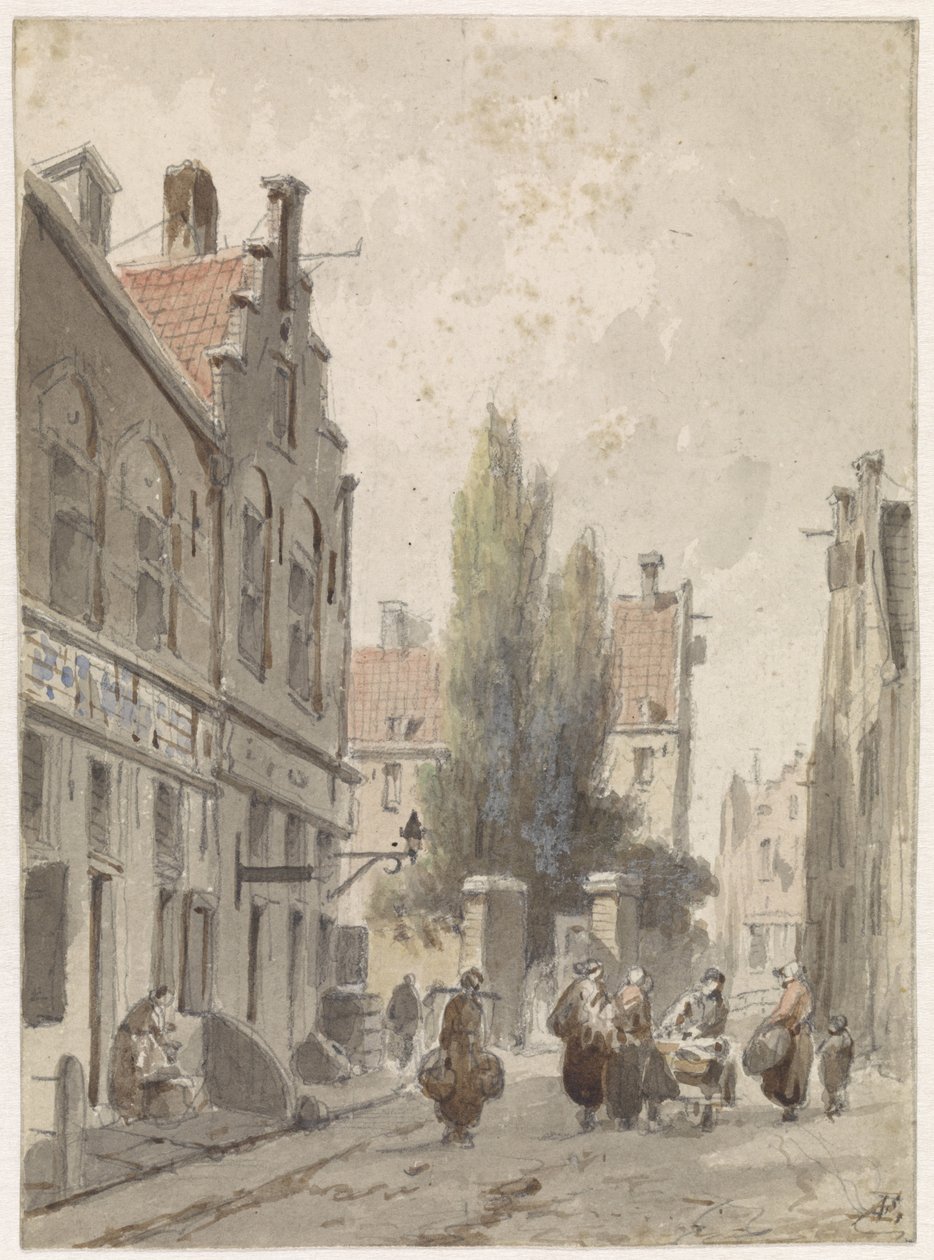 Stadtansicht mit einem Hausierer von Adrianus Eversen