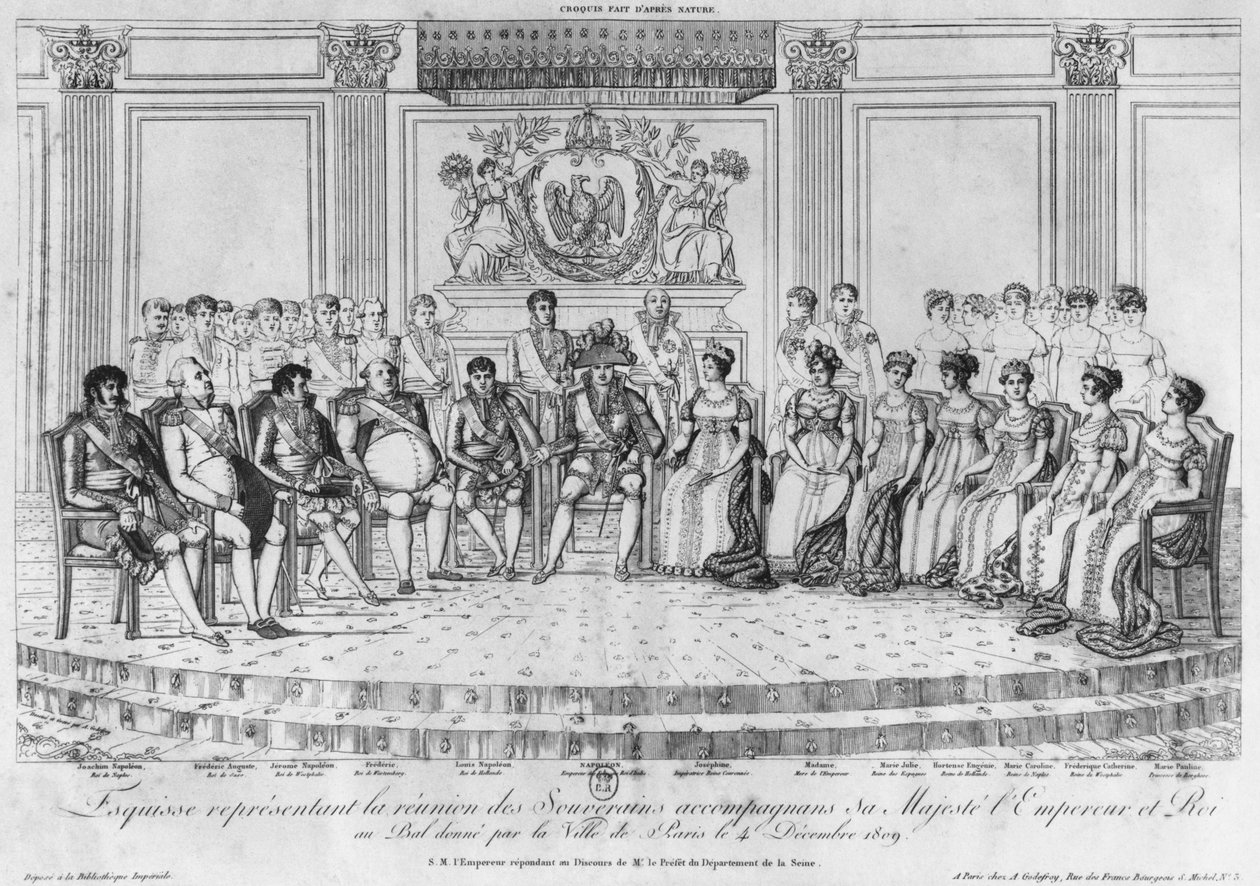Skizze, die Napoleon I. und die Herrscher auf dem Ball zeigt, der von der Stadt Paris am 4. Dezember 1809 gegeben wurde von Adrien Pierre Francois Godefroy