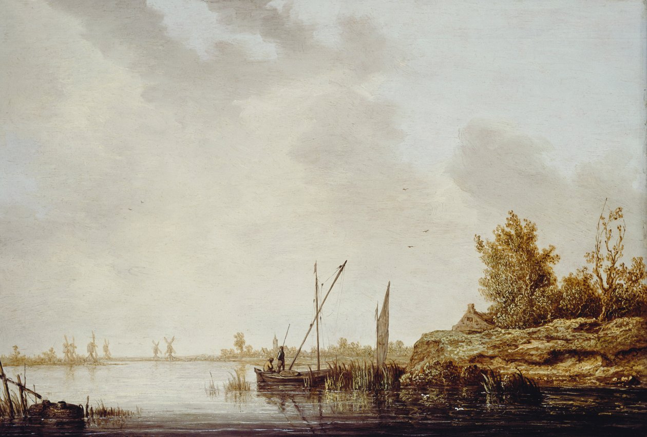 Eine Flusslandschaft mit fernen Windmühlen, ca. 1640-42 von Aelbert Cuyp