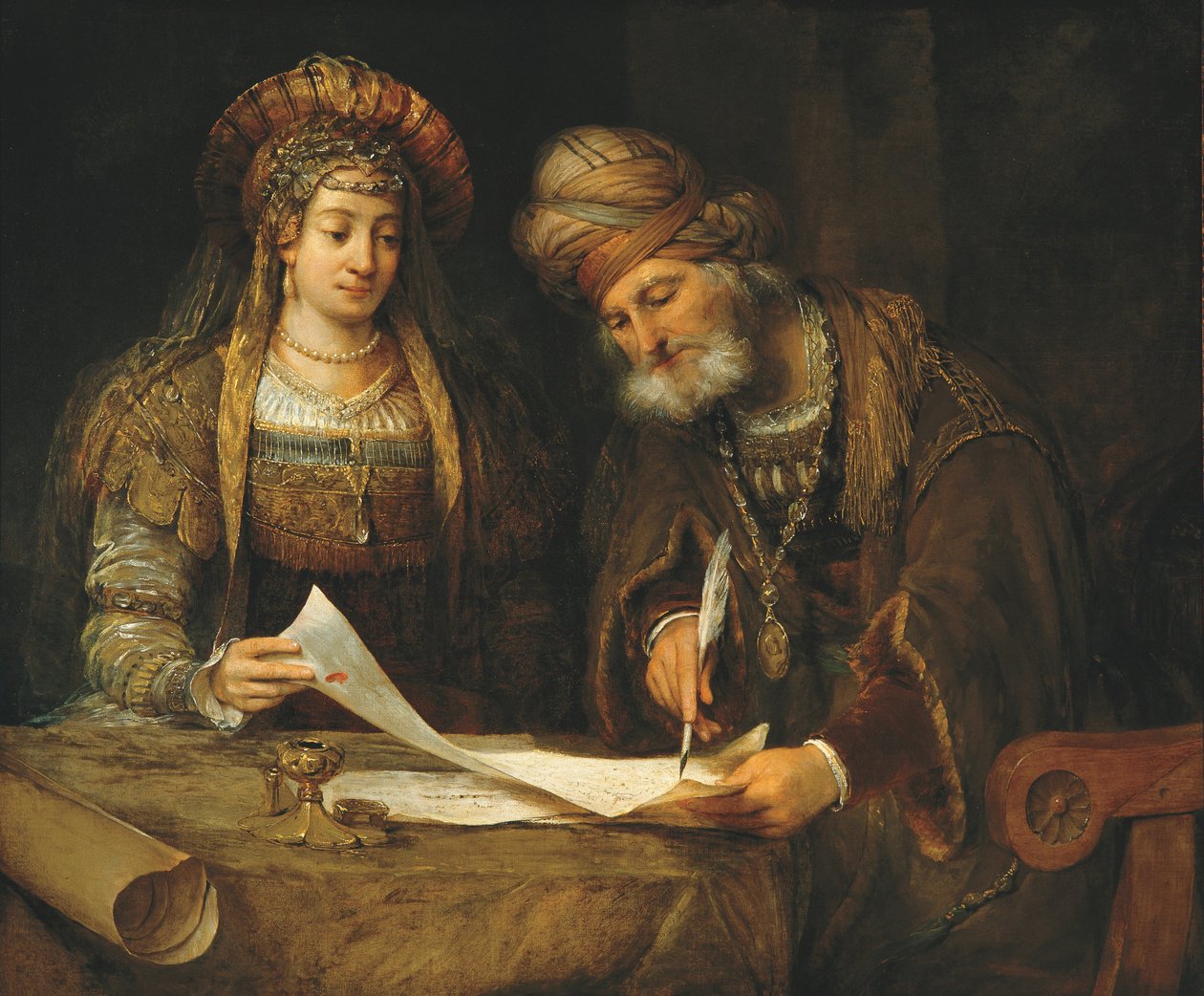 Ester und Mardocheus schreiben den ersten Brief des Purim von Aernt de Gelder
