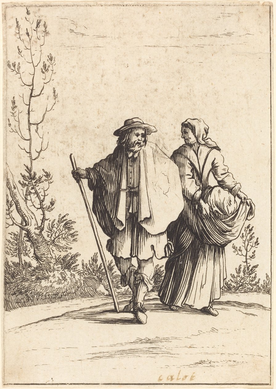 Bettlerpaar mit Landschaft im Hintergrund von After Jacques Callot