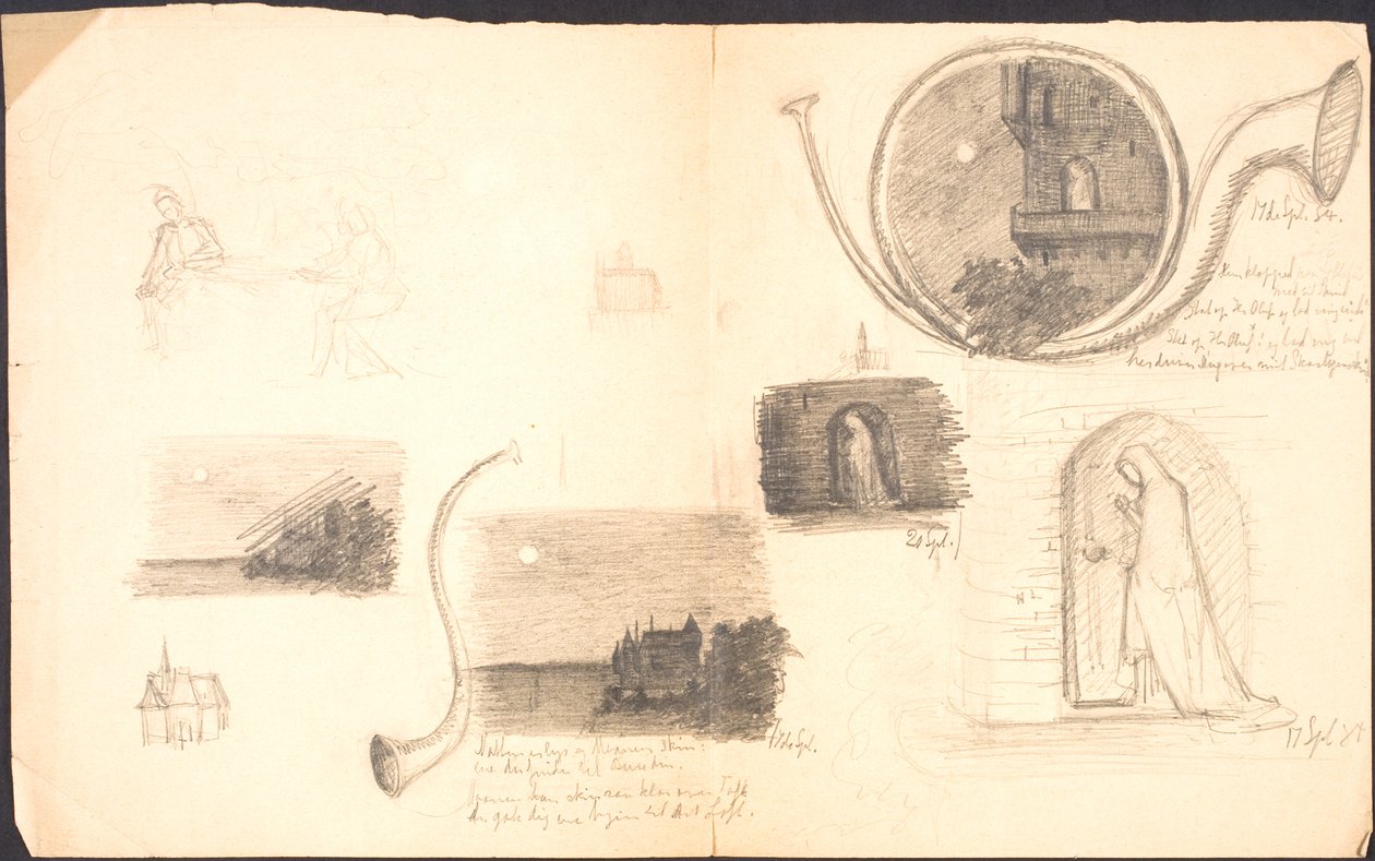 Skizzenblatt mit verschiedenen Motiven und Notizen von Agnes Slott Møller