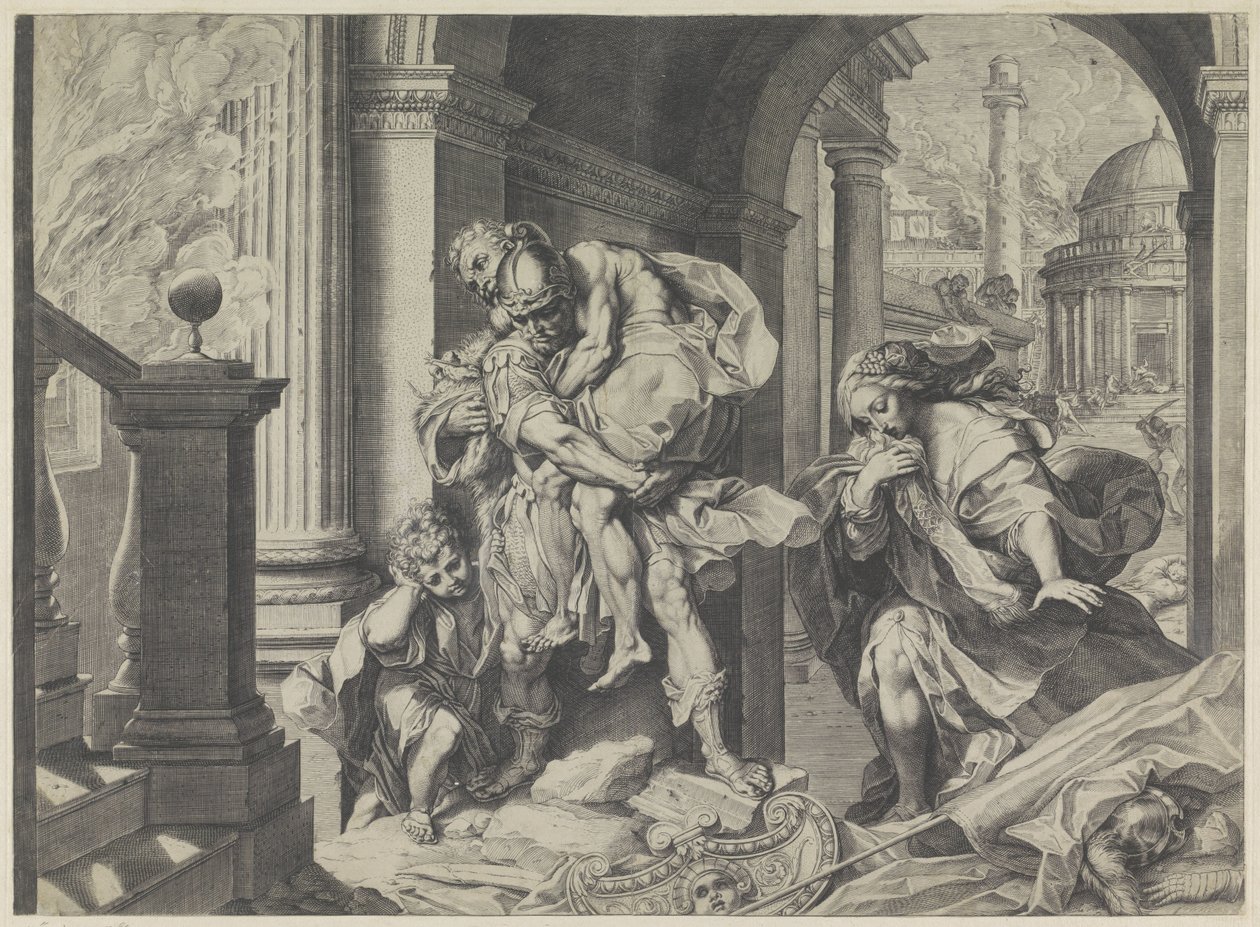 Aeneas flieht mit seiner Familie aus Troja von Agostino Carracci