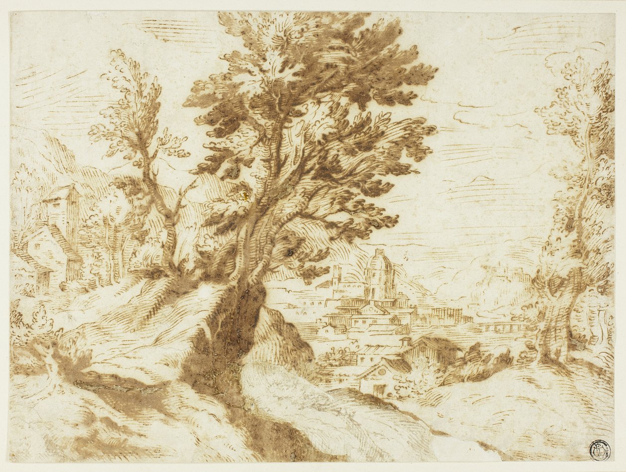 Hügelige Landschaft mit Stadt in der Ferne von Agostino Carracci