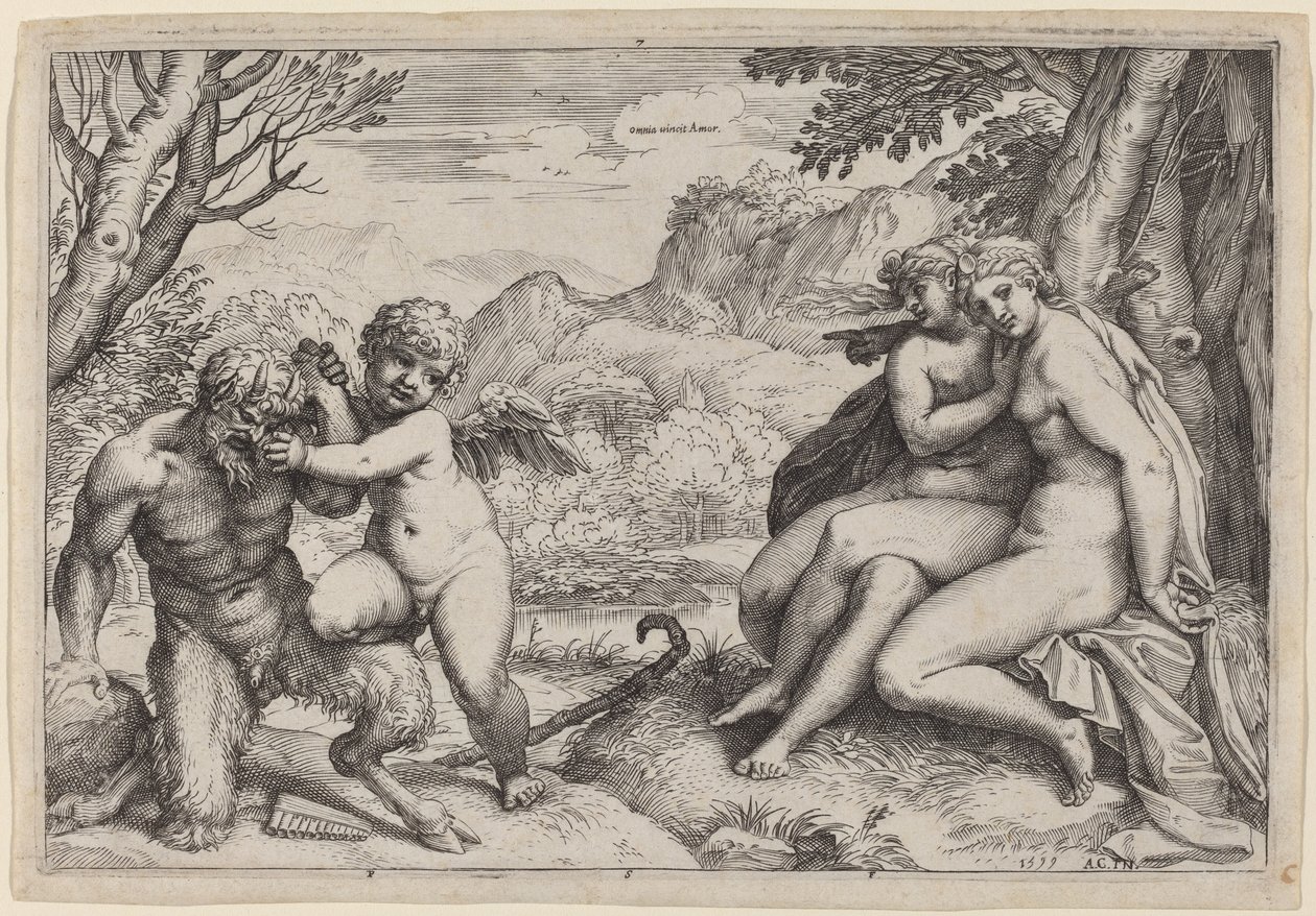 Pan zähmt Eros von Agostino Carracci