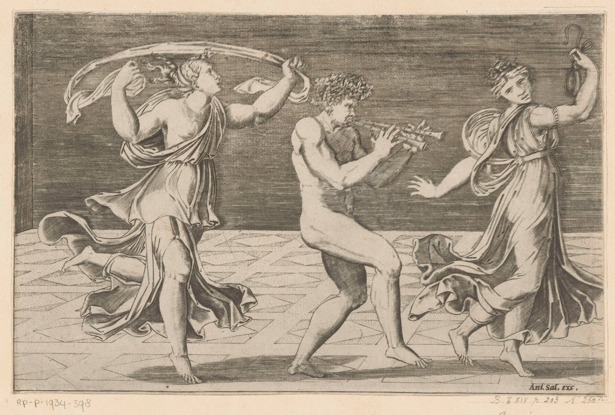 Tanzender Satyr und Mänaden von Agostino Veneziano