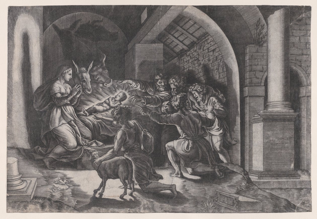 Die Geburt Christi, datiert 1531 von Agostino Veneziano