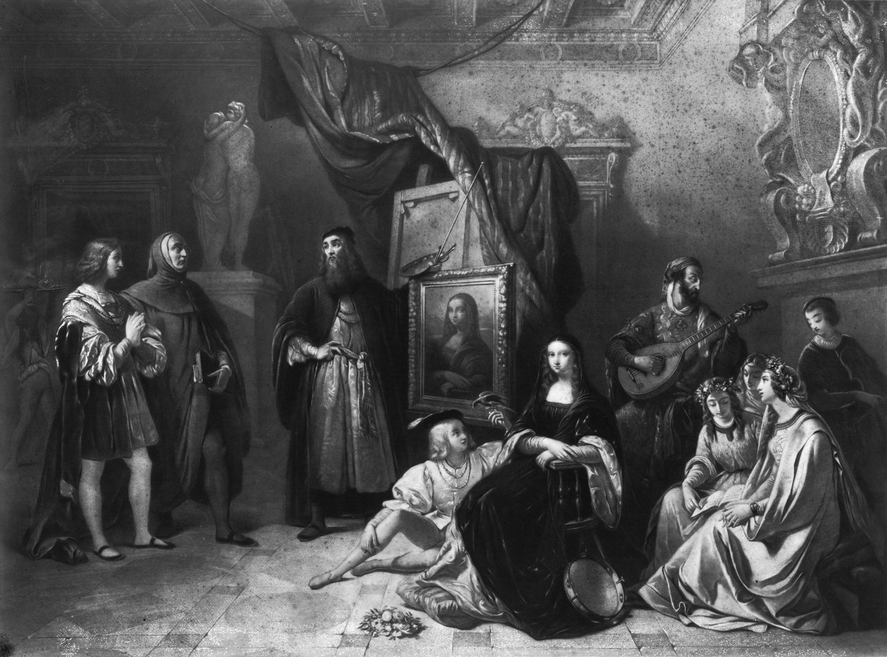 Leonardo da Vinci (1452-1519) malt die Gioconda, graviert von Lemoine, 1845 von Aimee Brune