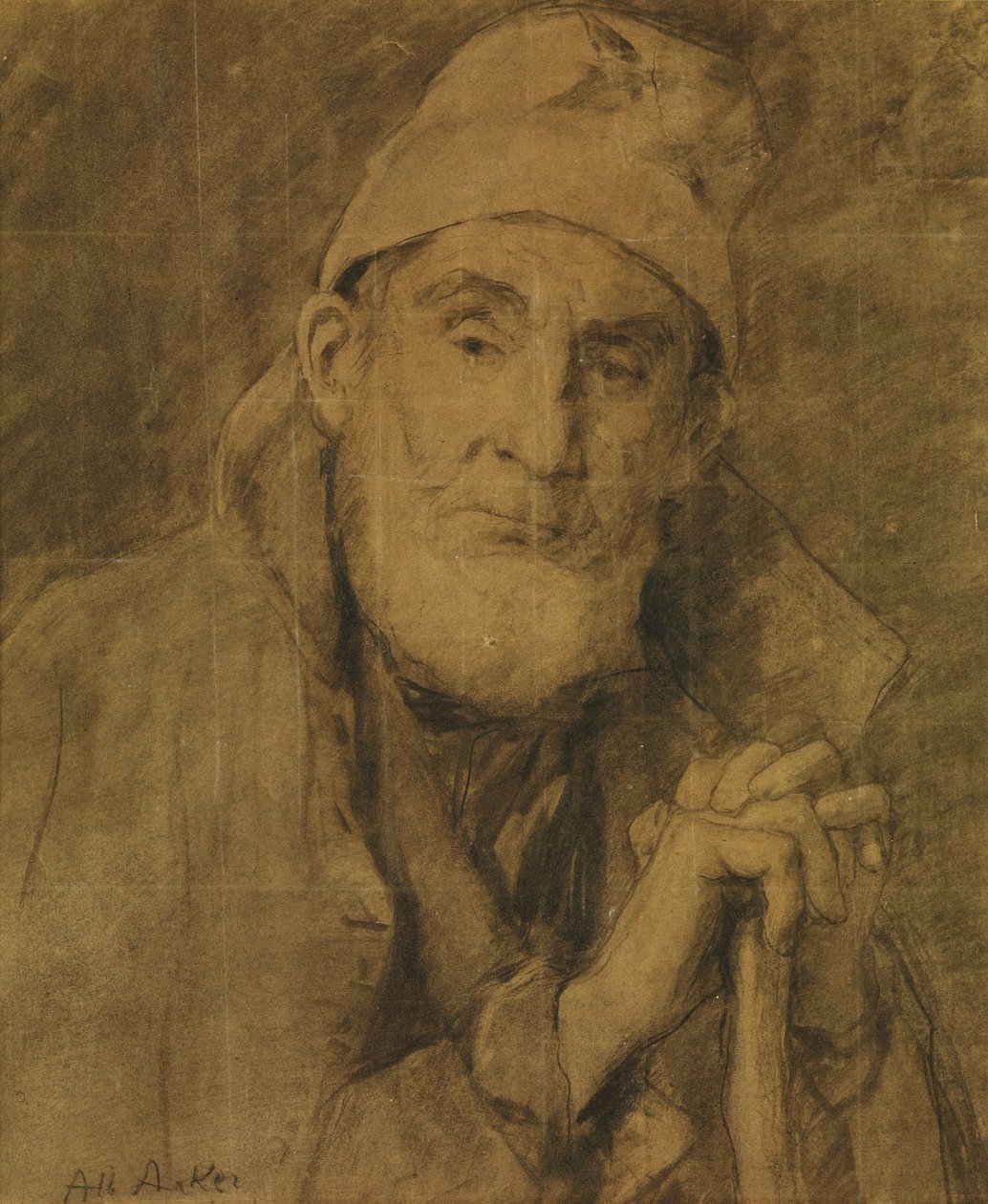 Der alte Feissli mit Stock und Mütze von Albert Anker