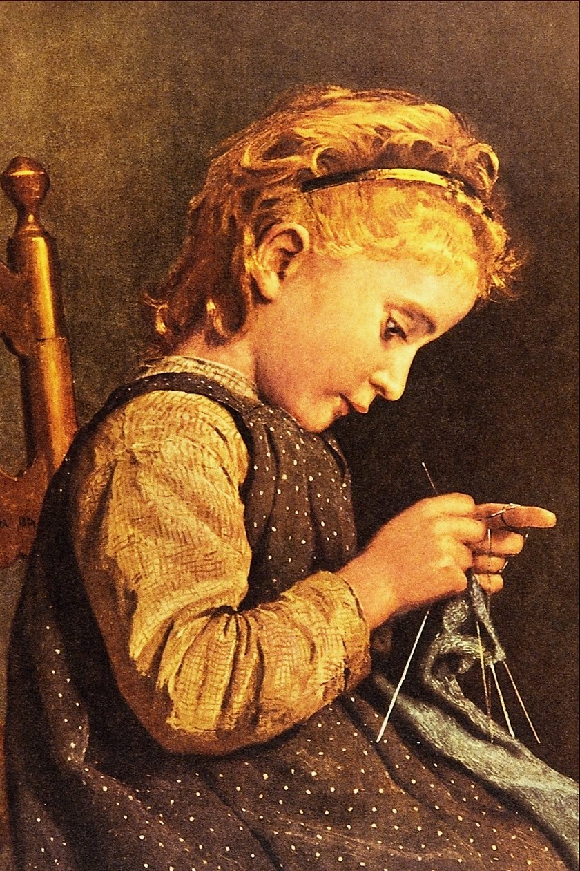 Kleines Mädchen beim Stricken von Albert Anker
