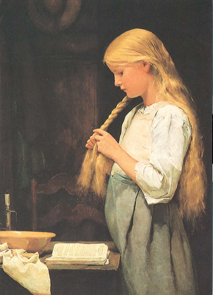 Mädchen, die Haare flechtend von Albert Anker