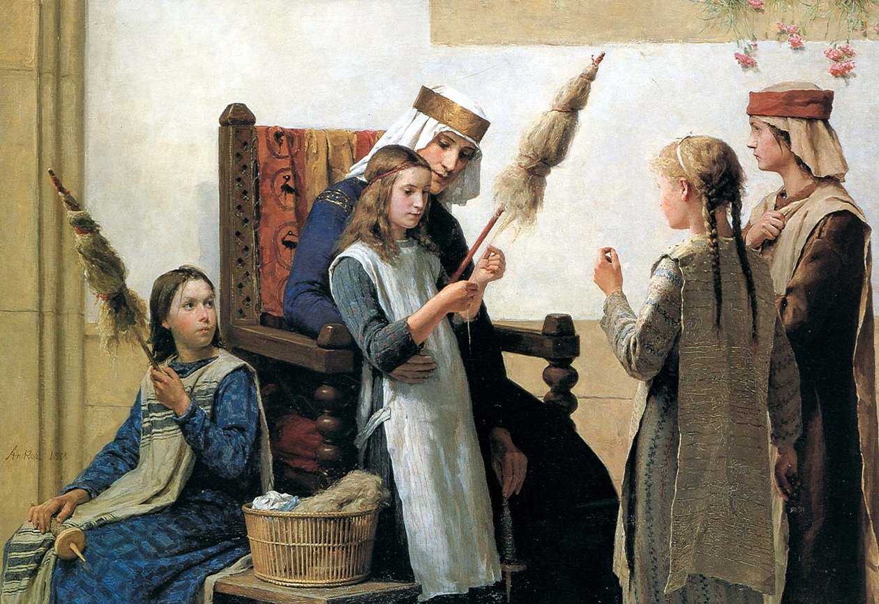Königin Bertha und die Spinnerinnen von Albert Anker