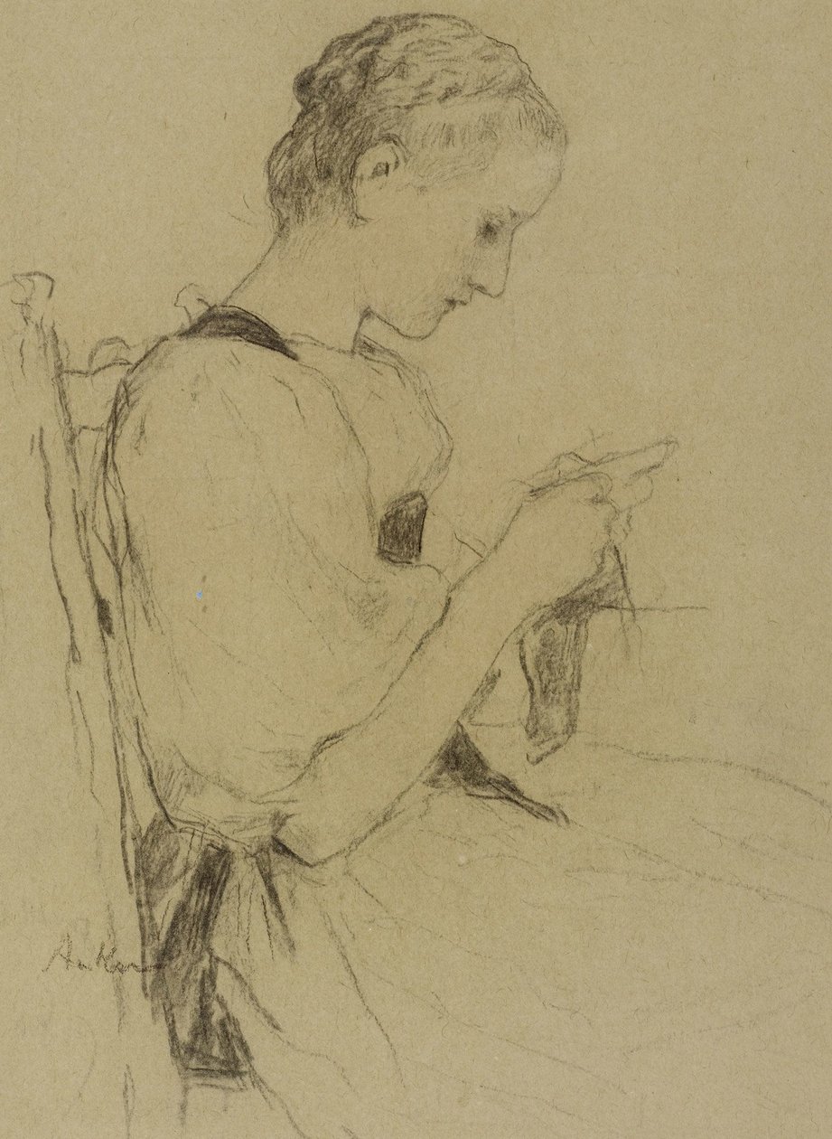 Sitzendes Mädchen beim Stricken von Albert Anker
