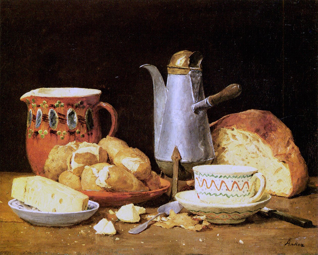 Stillleben mit Kaffee, Brot und Kartoffeln von Albert Anker