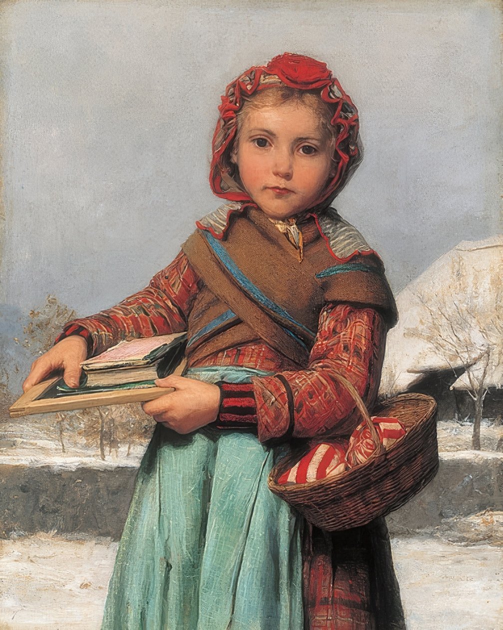 Schulmädchen mit Schiefertafel und Nähkörbchen von Albert Anker