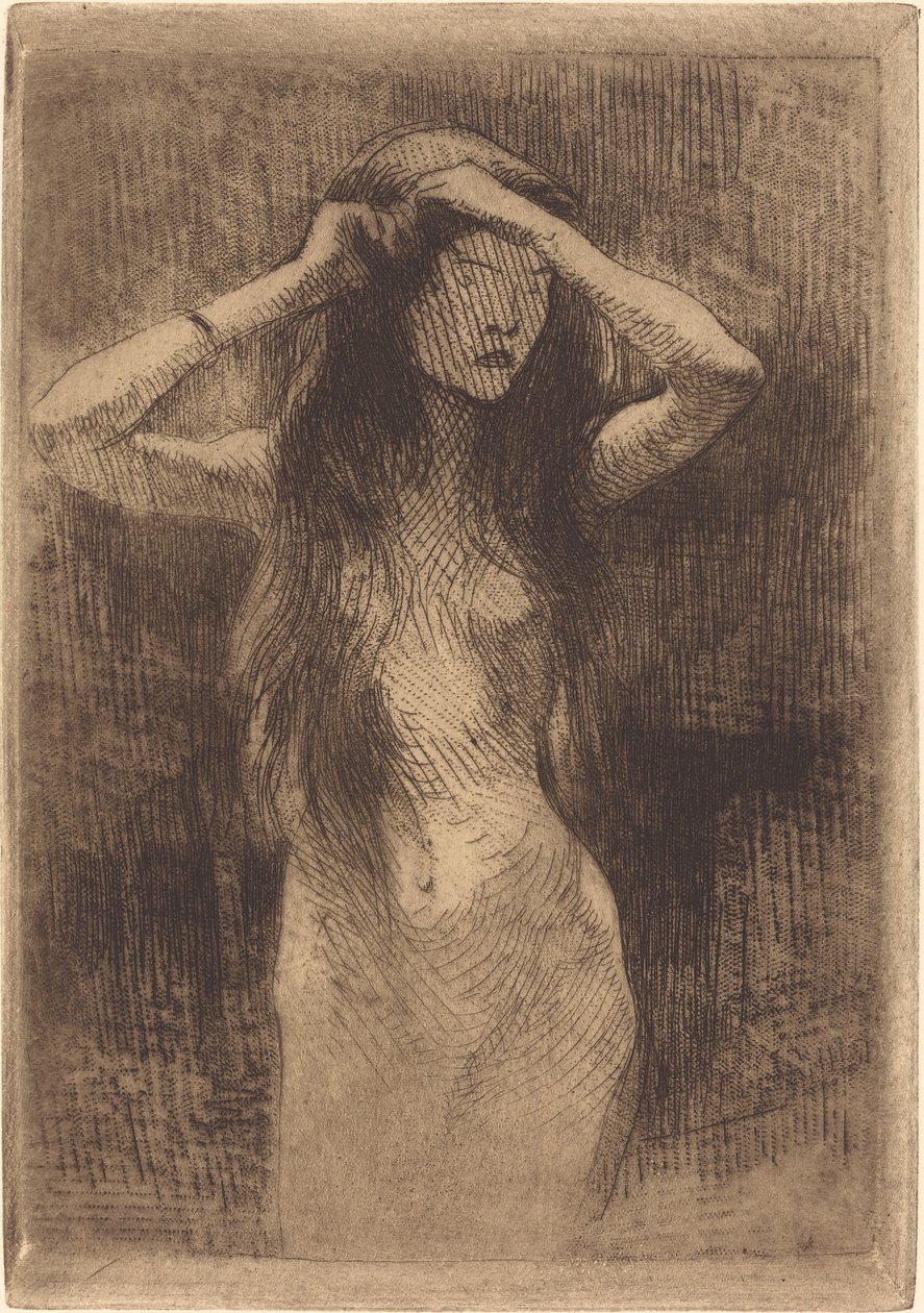 Nacktes Mädchen kämmt ihr Haar von Albert Besnard