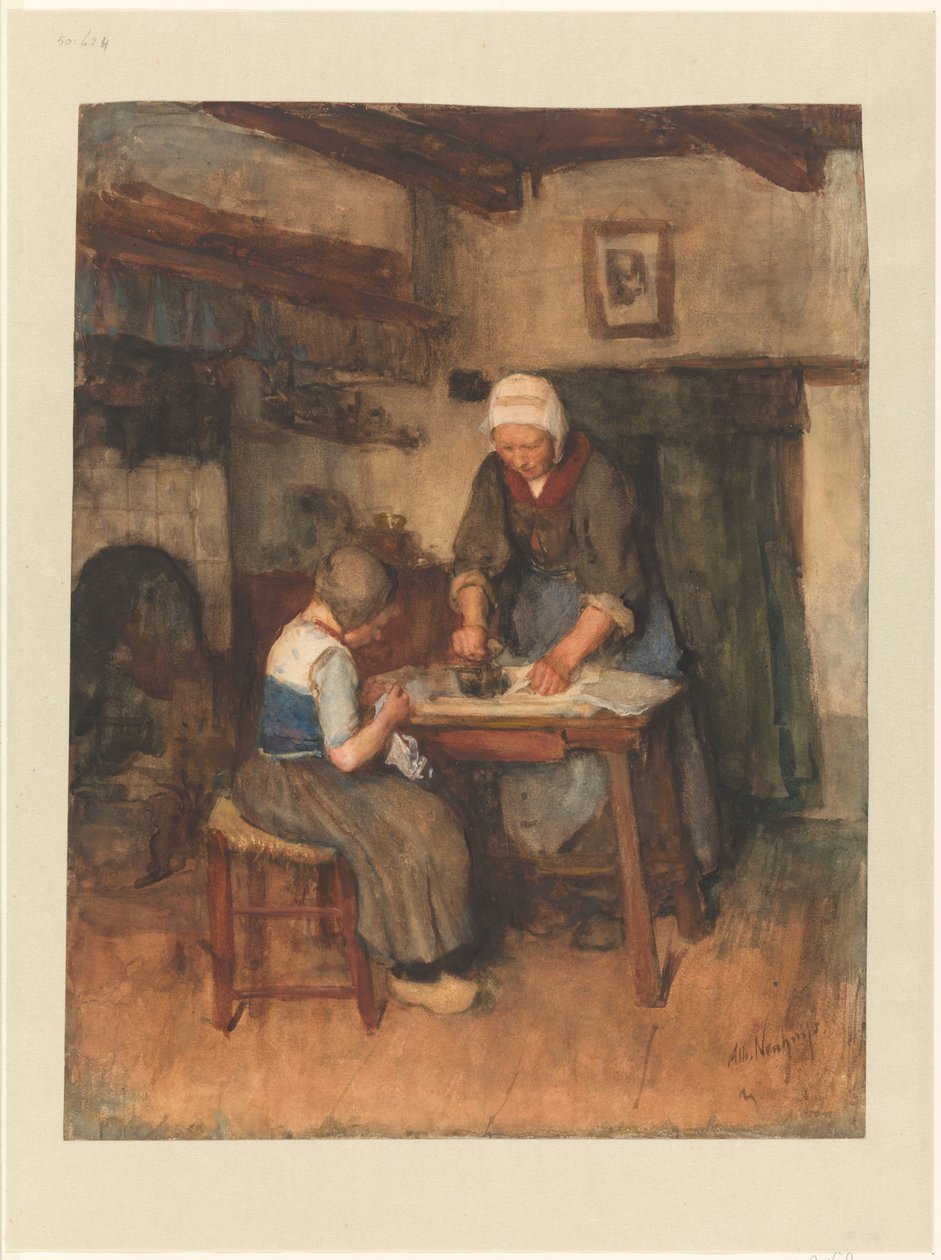 Interieur mit bügelnder Frau und nähendem Kind von Albert  Neuhuys