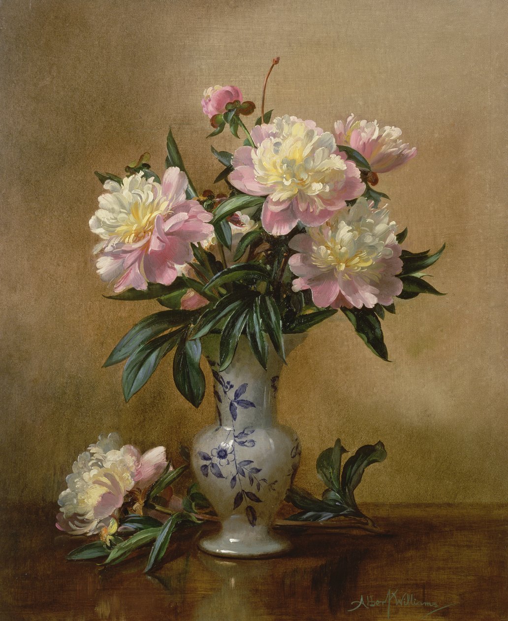 Pfingstrosen in einer blau-weißen Vase von Albert Williams