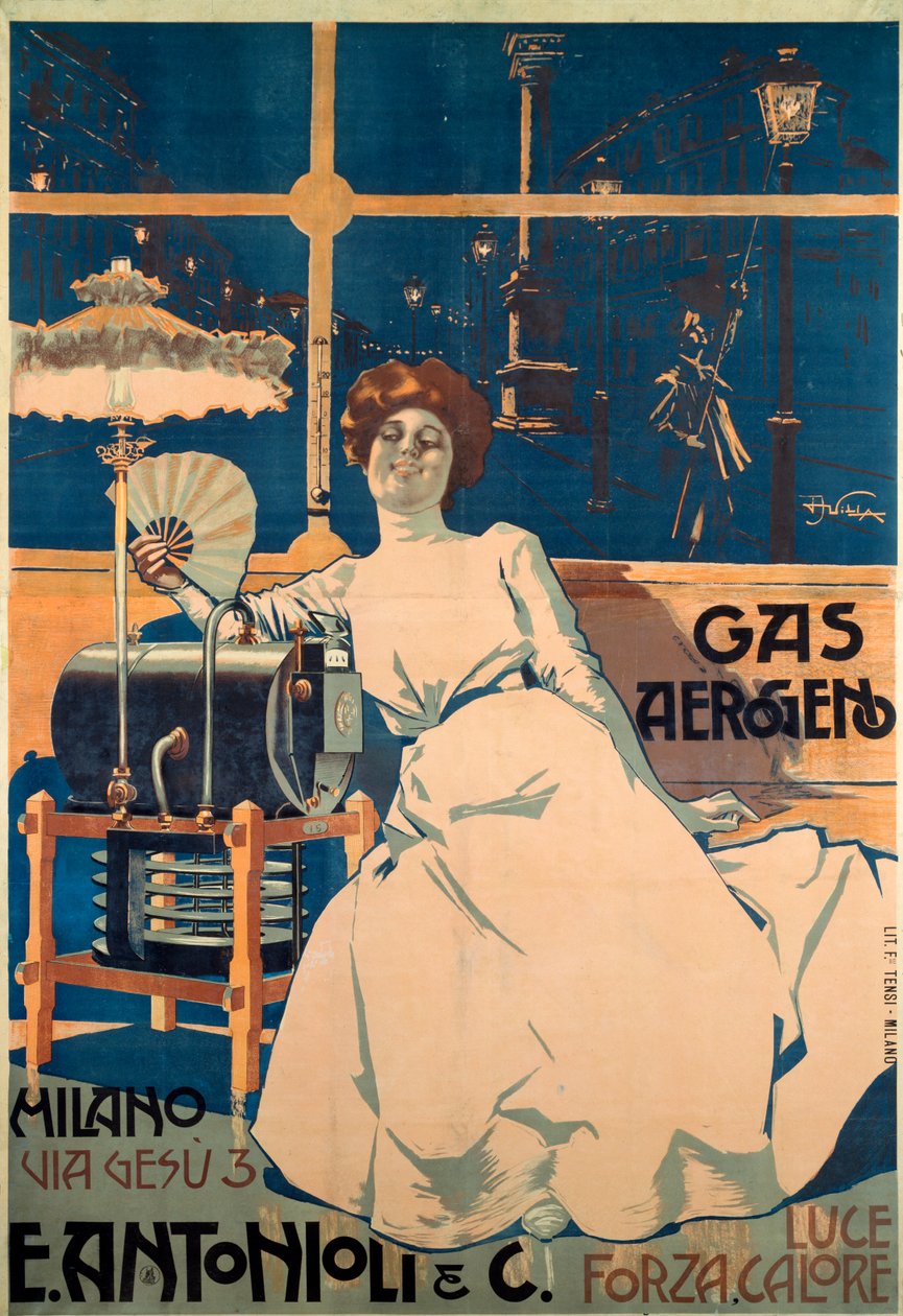 Werbeplakat für Antoniolis Gas von Aleardo Villa