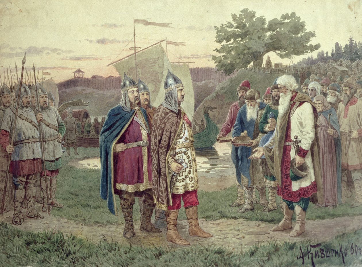 Der Großherzog trifft die Menschen einer slawischen Stadt im 9. Jahrhundert, 1880 von Aleksei Danilovich Kivshenko