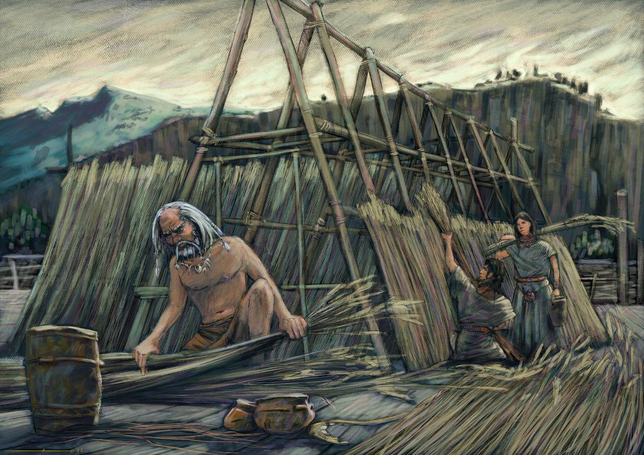 Bau von Pfahlbauten, prähistorische Häuser von Alessandro Lonati