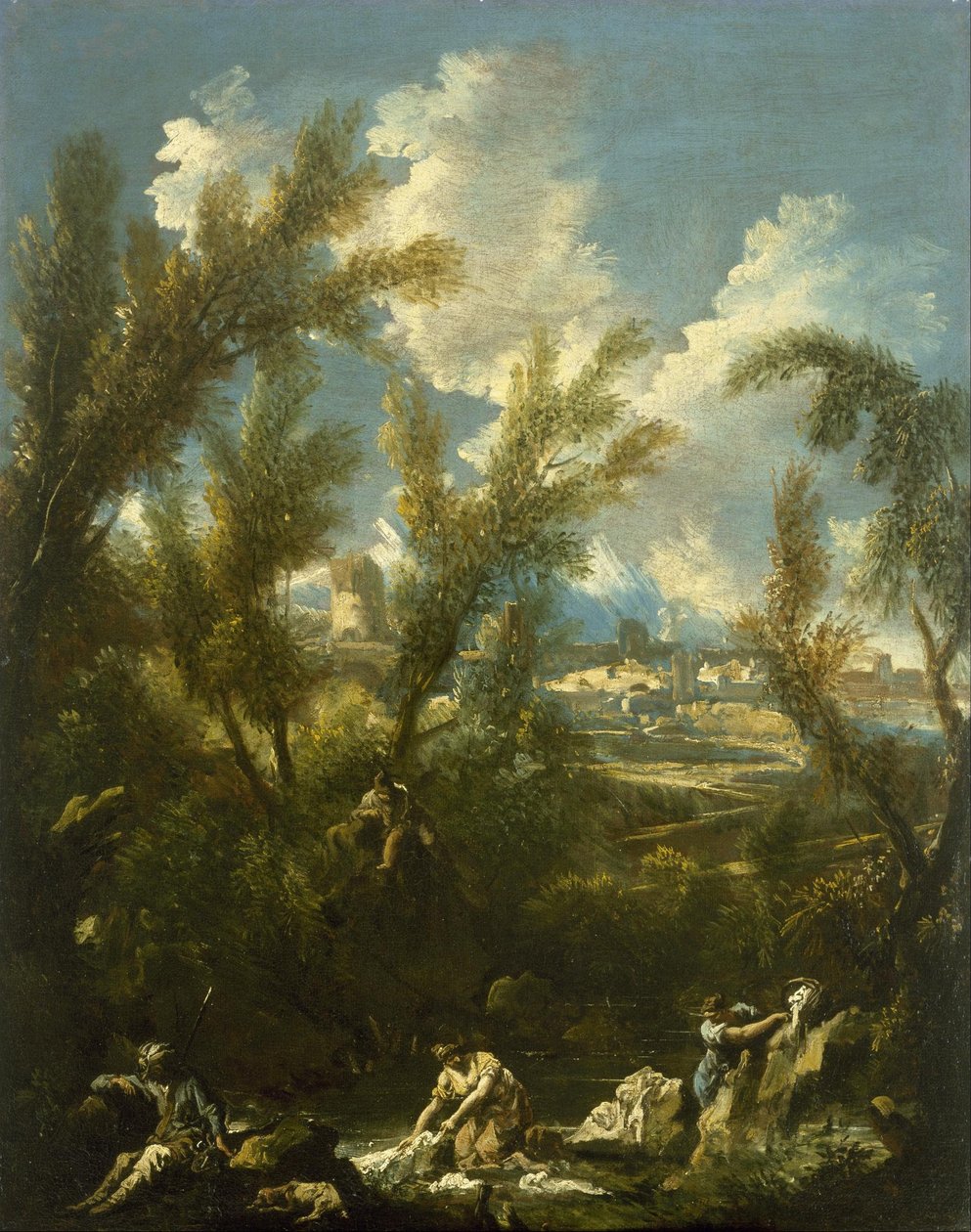 Landschaft mit Waschfrau von Alessandro Magnasco