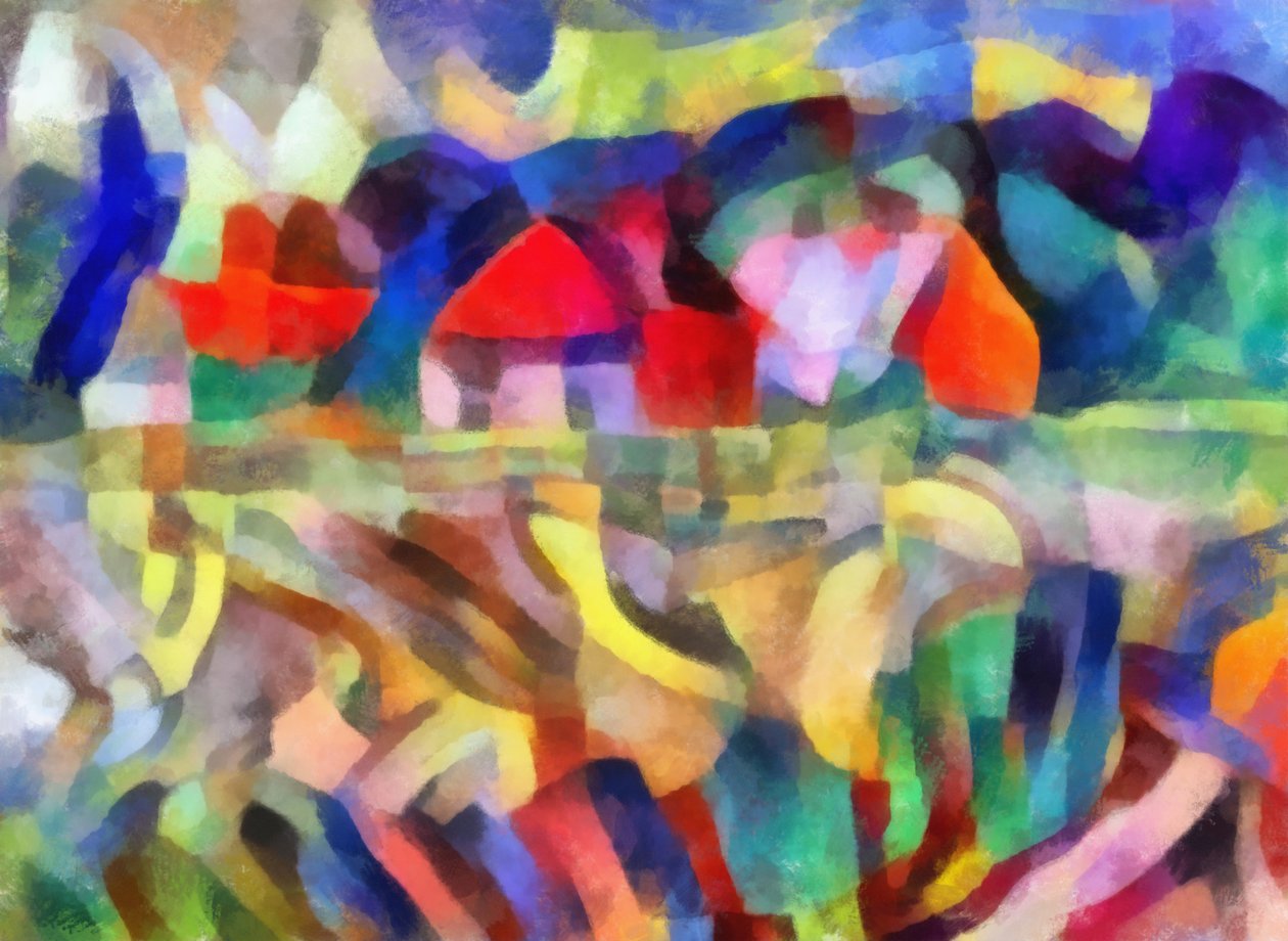Rot-orange Häuser im Feld von Alex Caminker