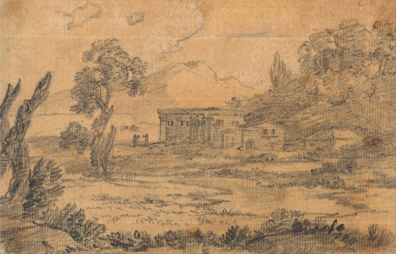 Gebäude an einem Fluss mit Hügeln im Hintergrund von Alexander Cozens