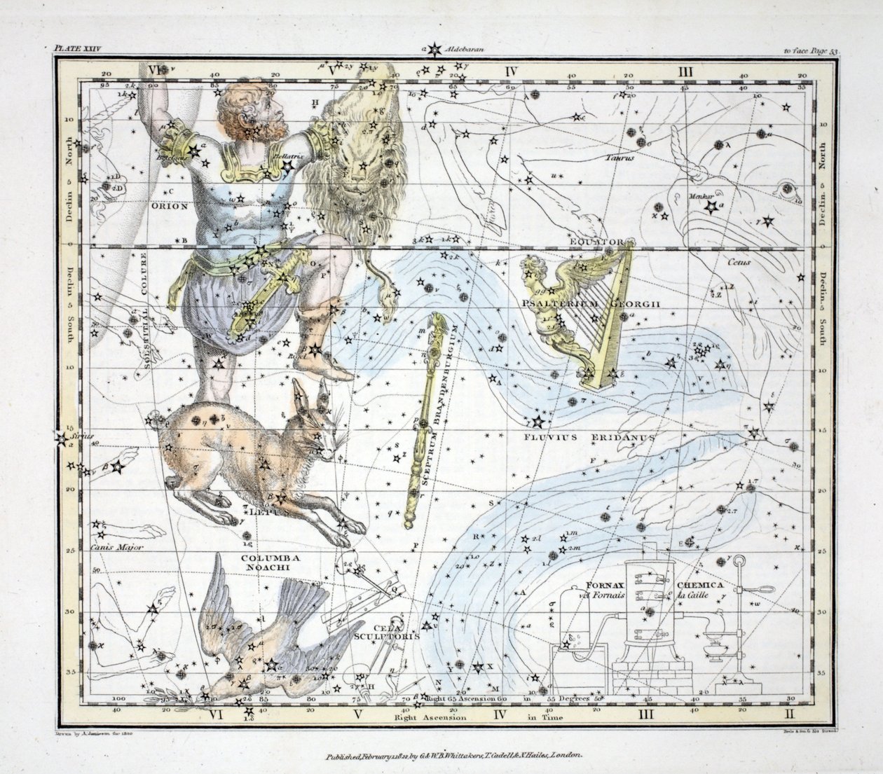 Die Sternbilder (Tafel XXIV) Fluvius Eridanus, Orion; Lepus, Columba Noachi, Cela Sculptoris, Psalterium Georgii, Horologium, Equuleus Pictorius, Brandenbergium Sceptrum, aus 