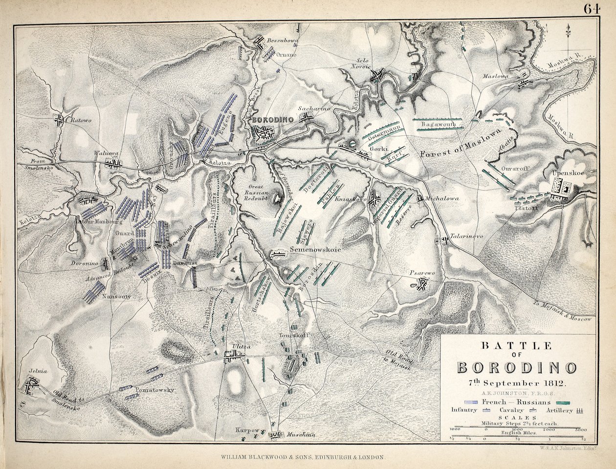 Karte der Schlacht von Borodino, veröffentlicht von William Blackwood und Sons, Edinburgh und London, 1848 von Alexander Keith Johnston