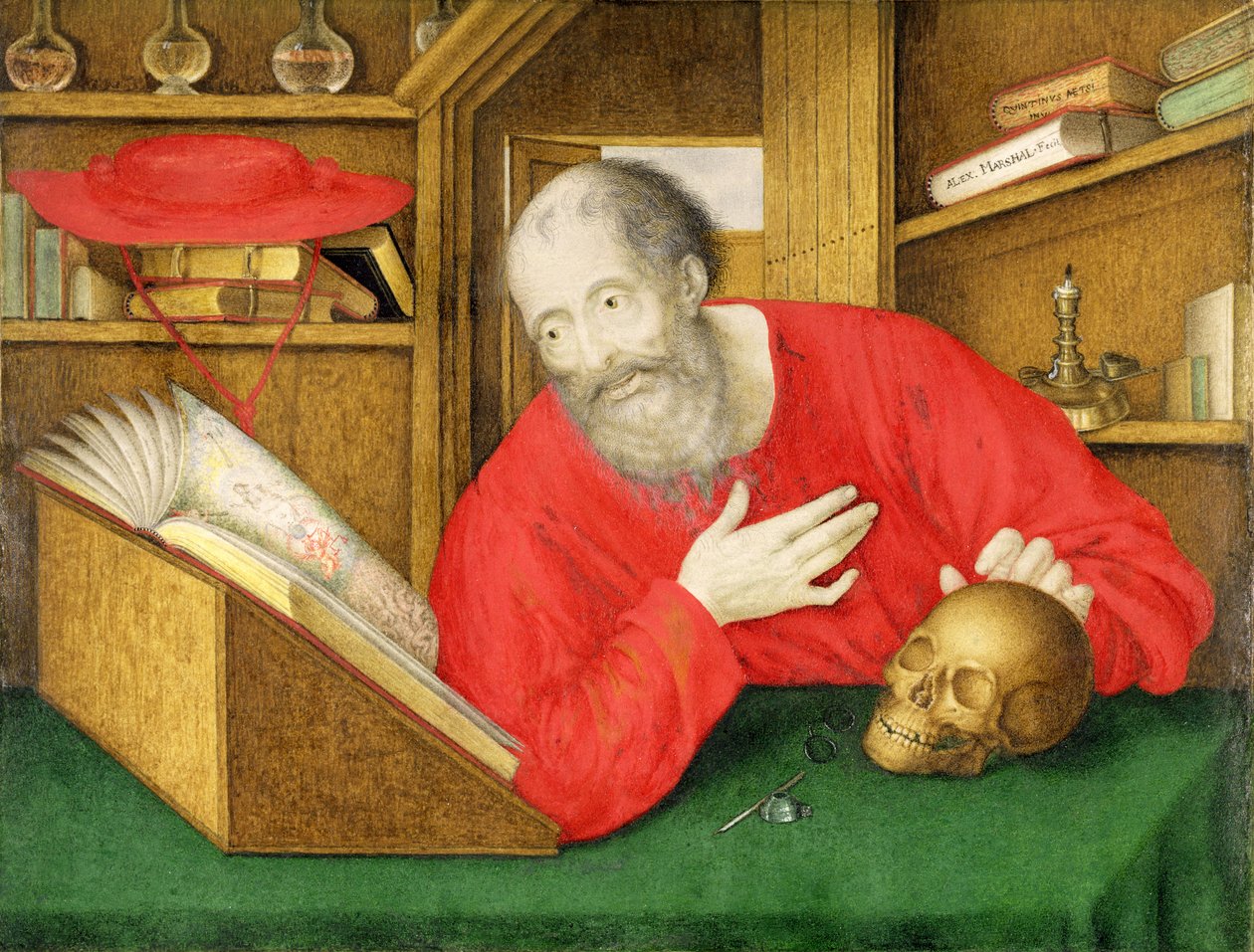 St. Hieronymus in seinem Studierzimmer, 1650 (Körperfarbe und Aquarell auf Pergament) von Alexander Marshal