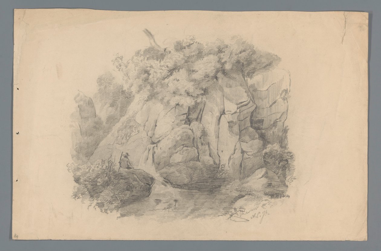 Landschaft mit einem Mann, der bei einem Wasserfall sitzt von Alexander Cranendoncq