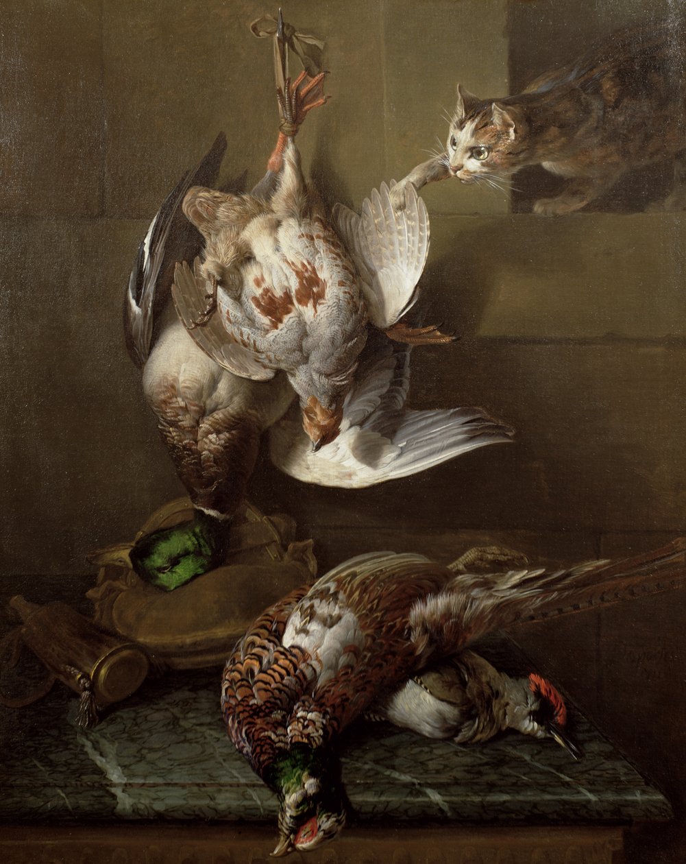 Eine Katze greift totes Wild an (Öl) von Alexandre Francois Desportes