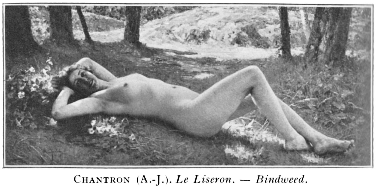 Schwarz-Weiß-Foto eines Gemäldes, das eine nackte Frau zeigt, die in einem Wald in der Nähe eines Blumenbeets mit Bäumen und einem flachen Wasserfall im Hintergrund liegt von Alexandre Jacques Chantron