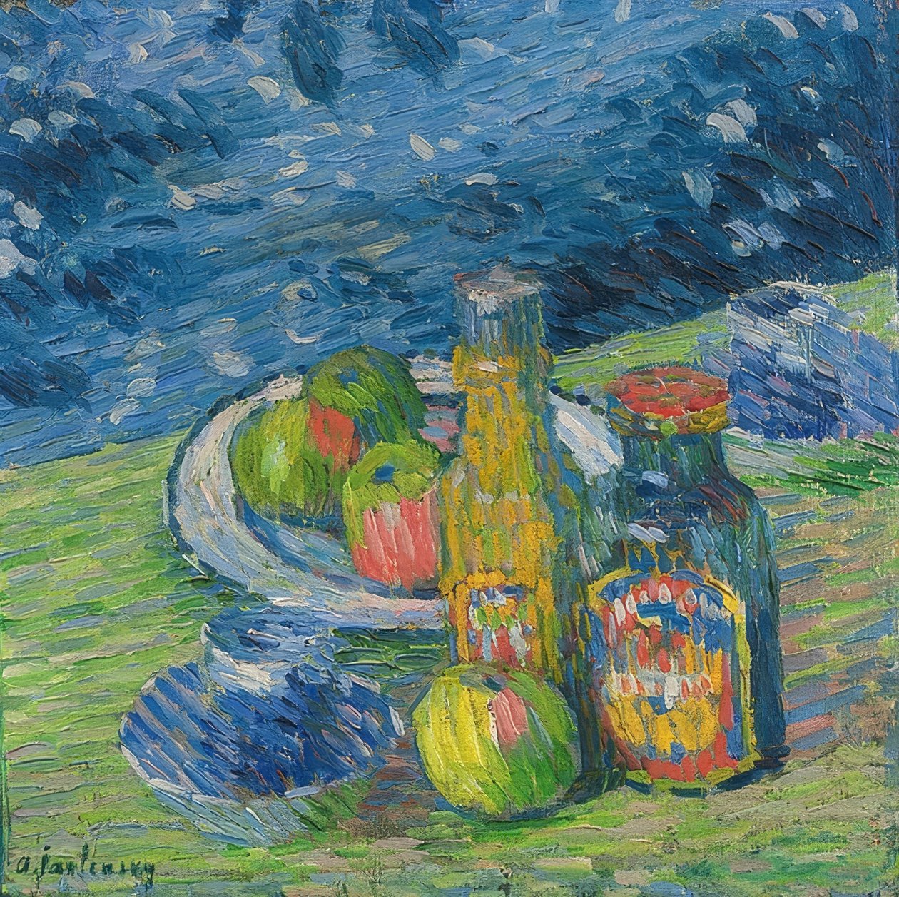 Stillleben mit Flaschen und Obst von Alexej von Jawlensky