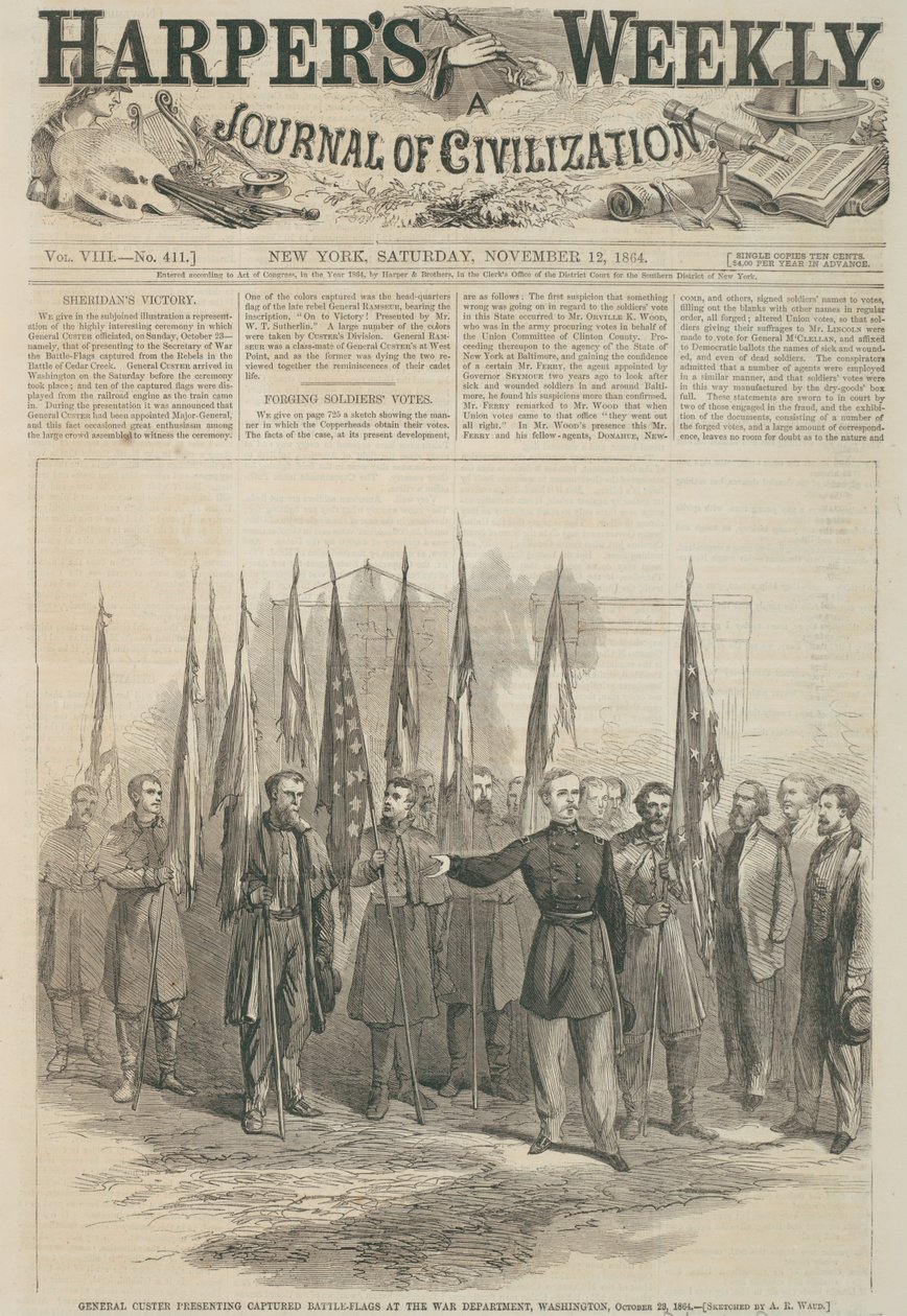 General Custer präsentiert erbeutete Schlachtflaggen im Kriegsministerium, Washington, Titelseite von 