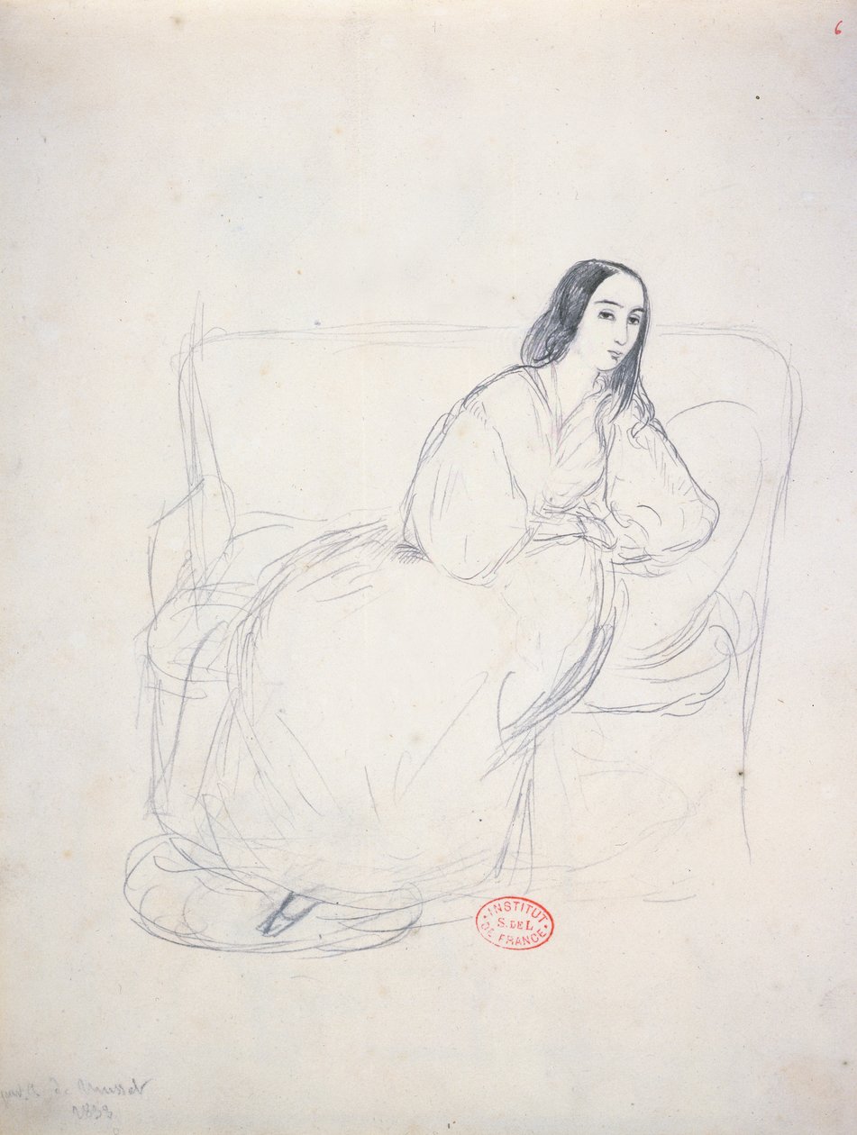 George Sand (1804-1876) auf einem Sofa sitzend, 1833 von Alfred de Musset