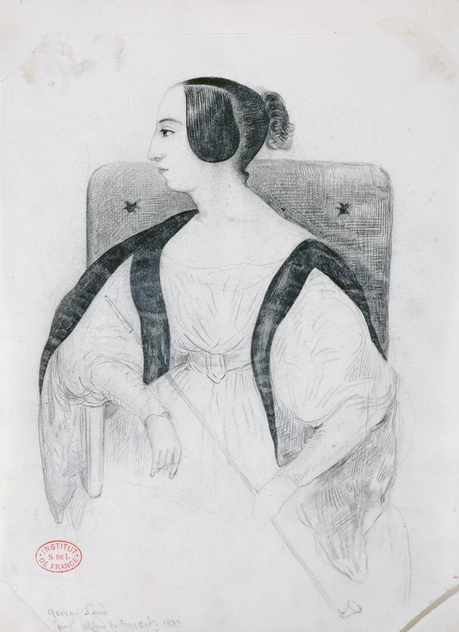 George Sand (1804-76) sitzt in einem Sessel, 1833 von Alfred de Musset