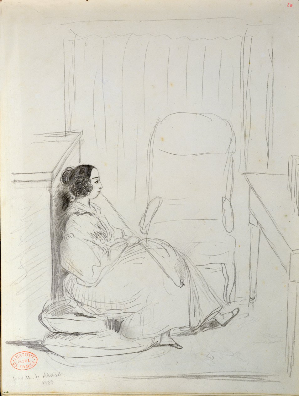 George Sand (1804-76) sitzend und eine Pfeife rauchend, 1833 von Alfred de Musset