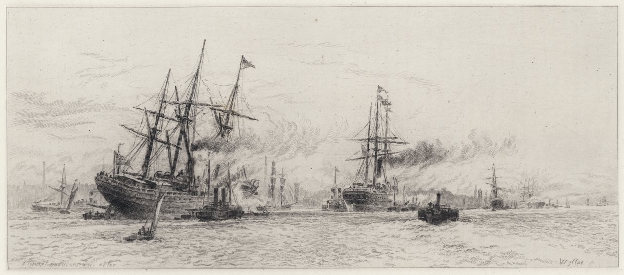 Schiffe auf dem Mersey (Radierung) von Alfred Louis Brunet Debaines