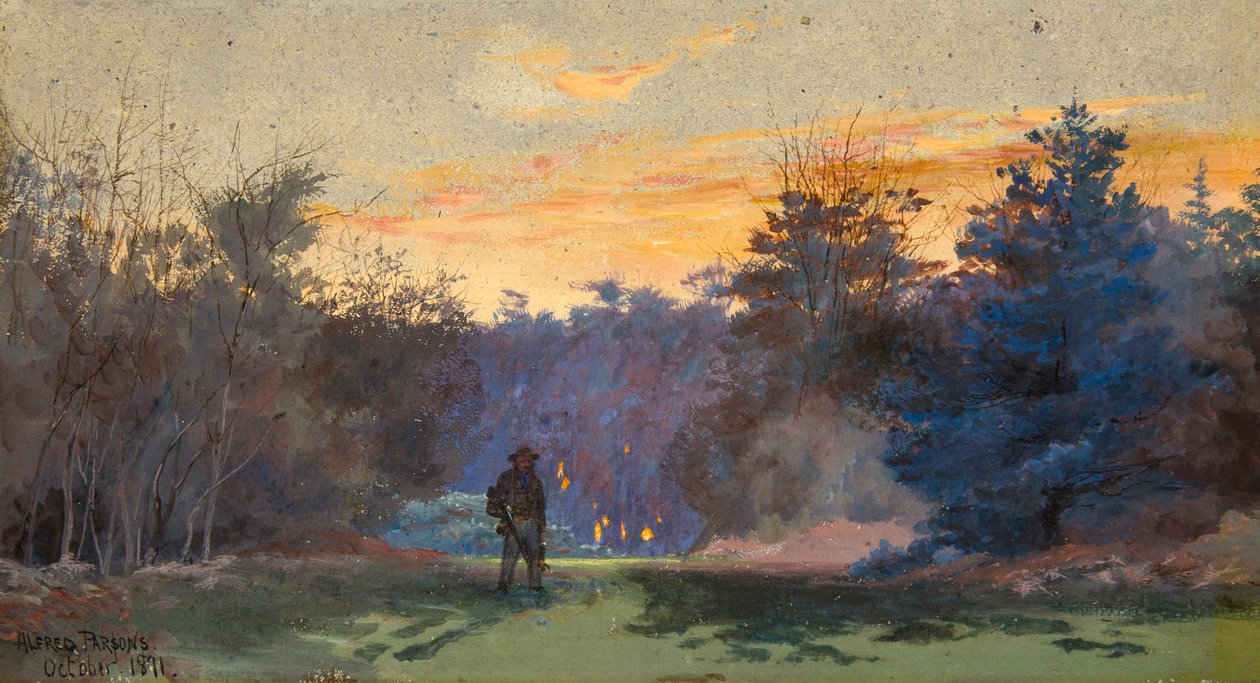 Jäger in Sonnenuntergangslandschaft von Alfred Parsons