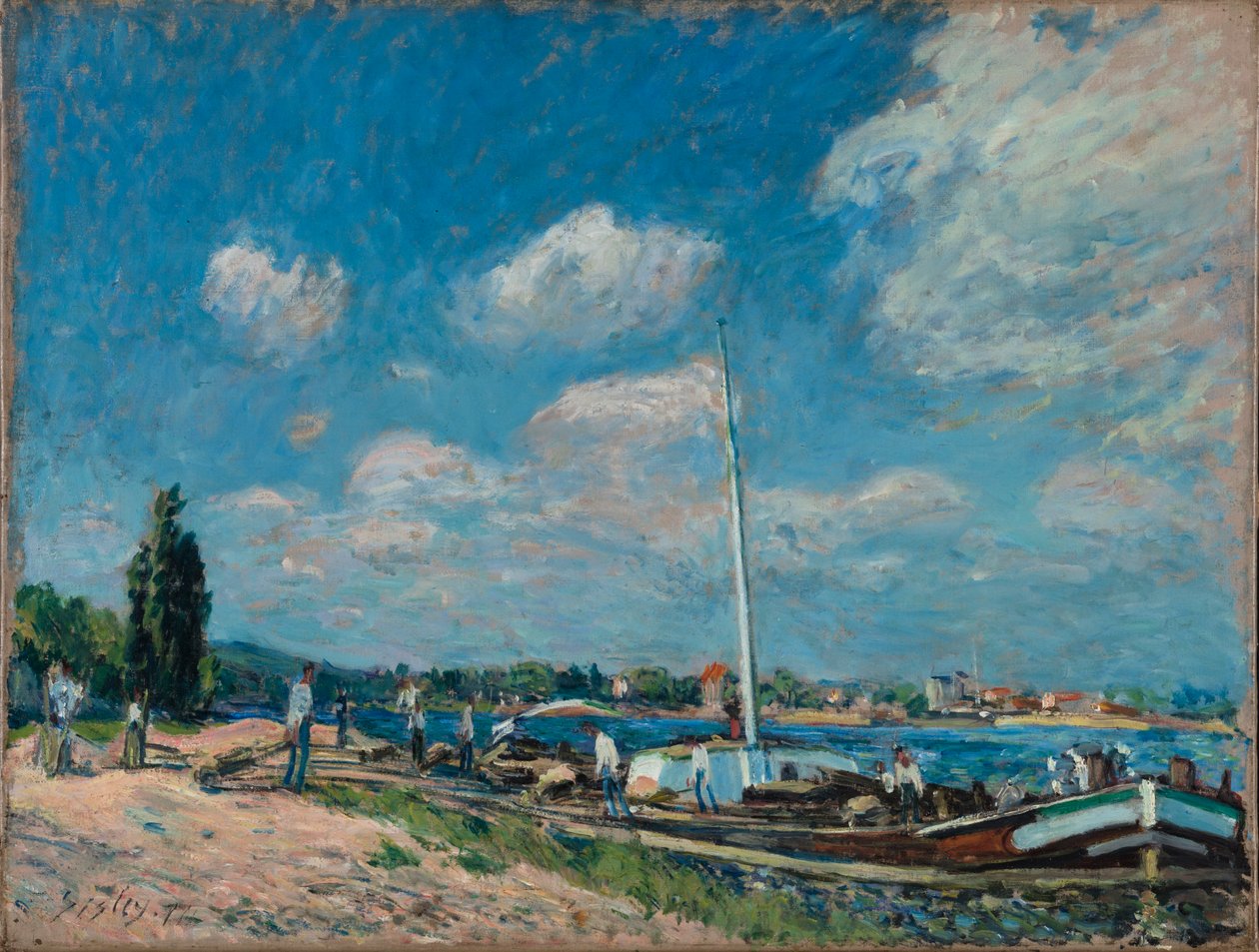 Entladen von Lastkähnen in Billancourt, 1877 von Alfred Sisley