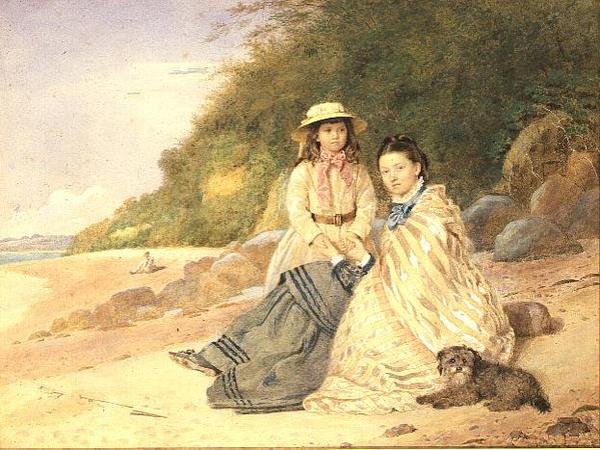 Mutter und Tochter mit Hund von Alfred Tidey