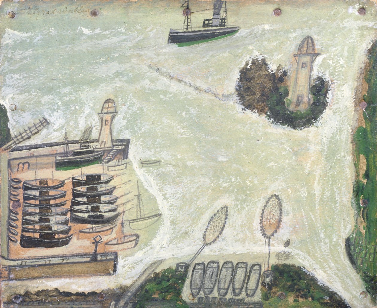 Hafen von St. Ives und Godrevy-Leuchtturm, c.1930 von Alfred Wallis