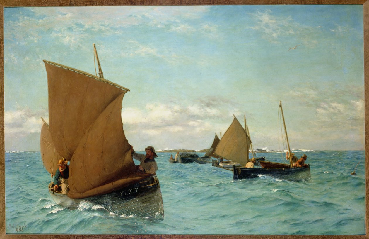 Luggers, die Ankerplätze aufnehmen, 1886 von Allan J. Hook